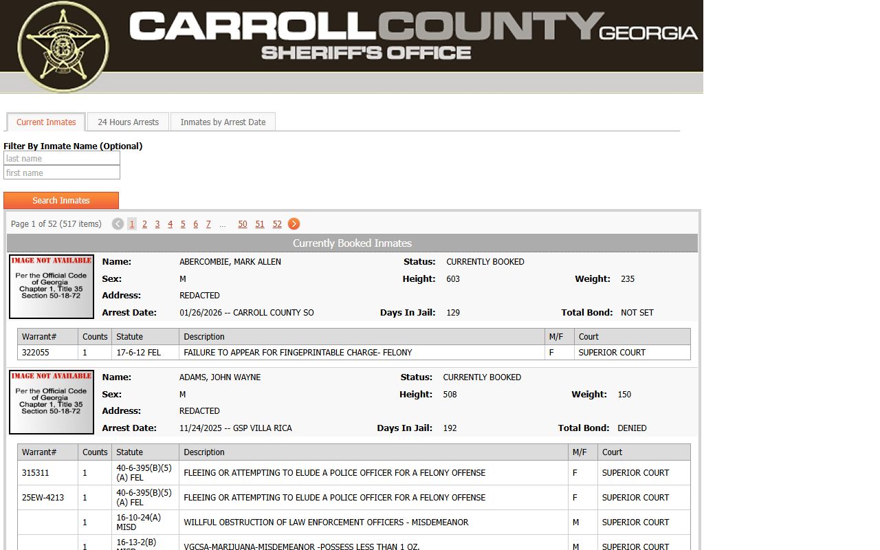 Carroll County inmate population roster fields and current jail records